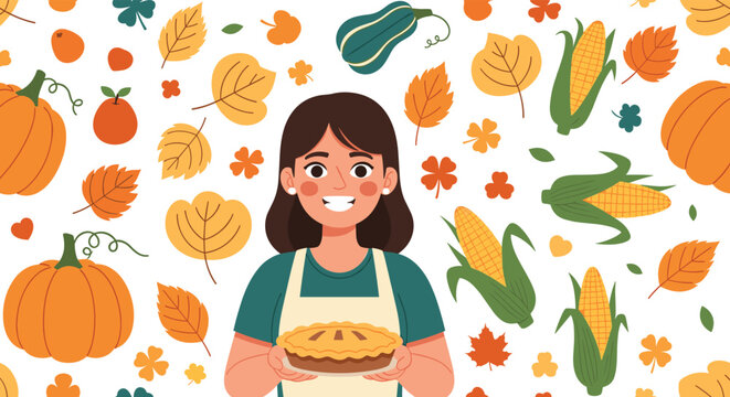 Smiling woman holding a fresh pumpkin pie surrounded by a festive pattern of corn pumpkins and autumn leaves for thanksgiving celebrations.