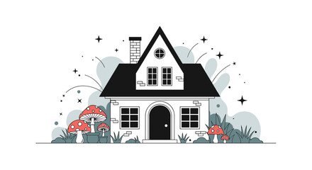 Fototapeta premium Whimsical fairytale cottage with a steep roof and chimney surrounded by tall grass, stars, and red spotted mushrooms.
