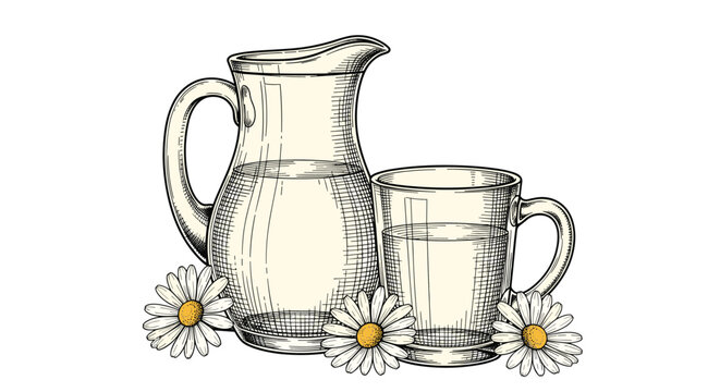 Rustic still life illustration featuring a glass pitcher and mug filled with milk or water surrounded by daisies.