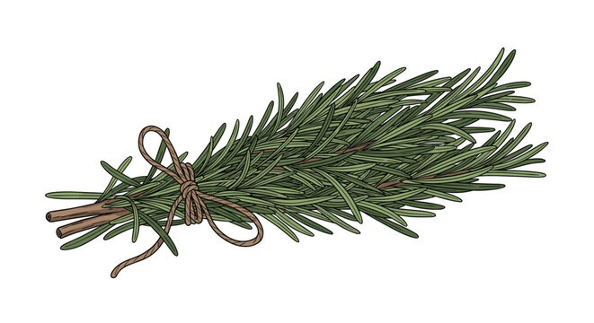 Detailed vintage engraving of a bunch of fresh rosemary sprigs tied together with a simple brown string bow in black and white.