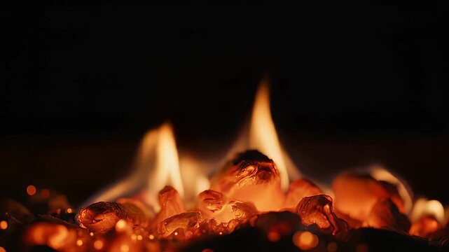 Glowing red embers and orange flames burning brightly in darkness