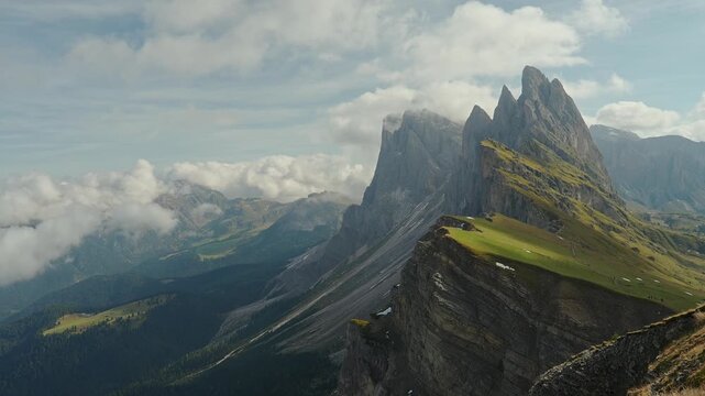 Cloudy day on Seceda Mount in the Dolomite Alps, Italy