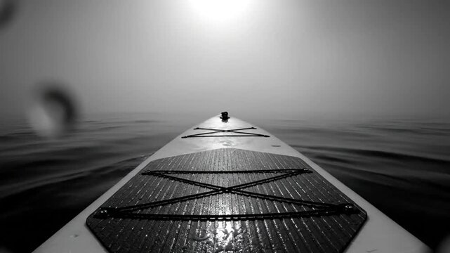 Black and white view from a paddleboard on a foggy day with sun over the horizon