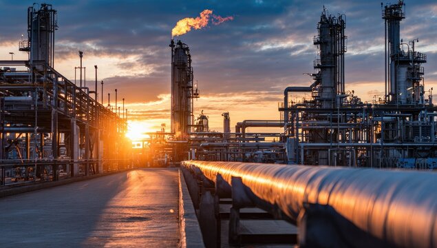 Industrial complex at sunset, with prominent pipes and flare stack