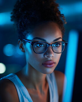 Focused Black Woman Cybersecurity Analyst Working Late with Blue Light