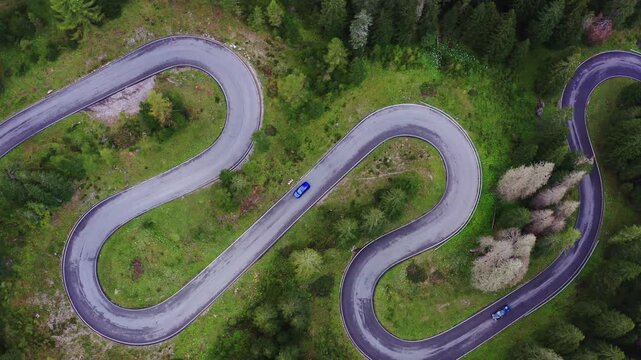 Sharp turns of Giau Pass. The Dolomite Alps, Italy