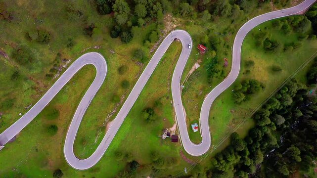 Sharp turns of Giau Pass. The Dolomite Alps, Italy