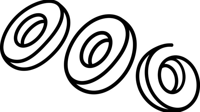 Three black and white donuts floating in a row, simple illustration.