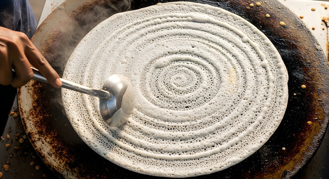 Making dosa on hot pan spreading batter in circular motion.