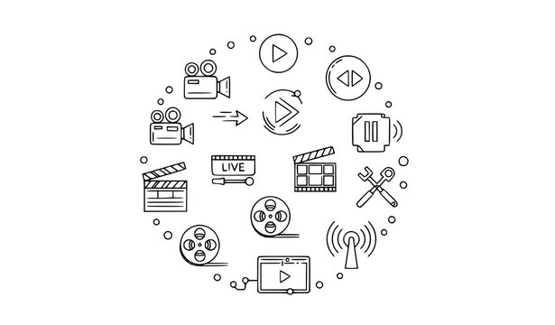 Modern Linear Media and Video Icon Collection Set with Film Production Camera Playback Streaming and Editing Interface Symbols Vector Pack