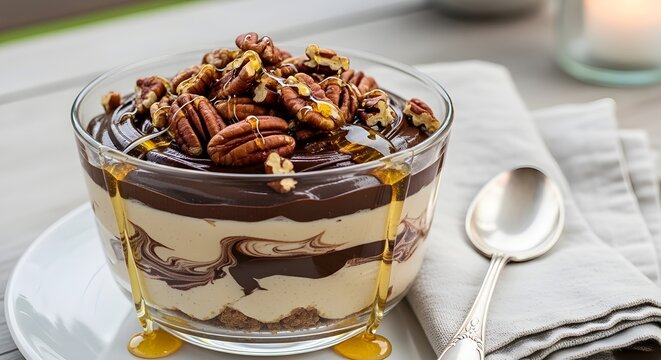 Delicioso helado de vainilla con trozos de chocolate, nueces y espirales de caramelo