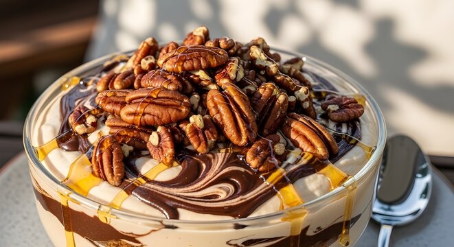 Delicioso helado de vainilla con trozos de chocolate, nueces y espirales de caramelo