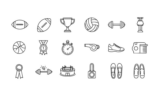 Clean Minimal Sports Outline Icon Set Featuring Football Basketball Gym Trophy Medal and Athletic Competition Symbols Vector Illustration