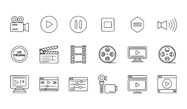 Minimal Outline Video Production Icon Set Featuring Camera Play Pause Media Live Streaming and Cinema Symbols Vector Collection