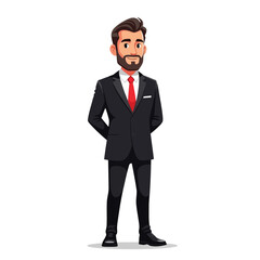 Obraz premium A professional businessman in a black suit and red tie stands with his hands behind his back