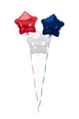 Three star-shaped balloons on an isolated background in red, blue, and white. Suitable for Fourth of July and Independence Day celebration design. 3D rendering. © AndS