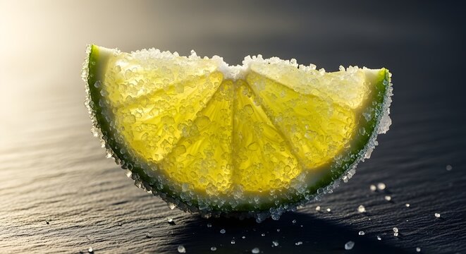 Una imagen cercana de una fruta con una capa de az&uacute;car sobre un fondo oscuro