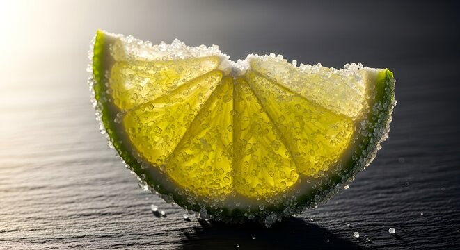Una imagen cercana de una fruta con una capa de az&uacute;car sobre un fondo oscuro