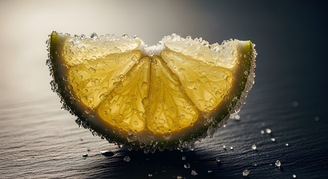 Una imagen cercana de una fruta con una capa de az&uacute;car sobre un fondo oscuro