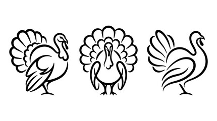 Naklejka premium Three Elegant Black and White Turkey Illustrations for Thanksgiving.