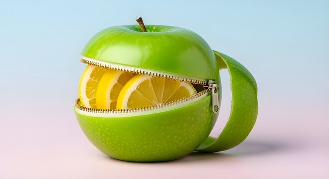 Fresa cremallera naranja surrealista fruta creativa estudio m&iacute;nimo concepto vibrante.
 Imagen de estudio surrealista de una fresa abierta para revelar segmentos de naranja en el interior, combinando c