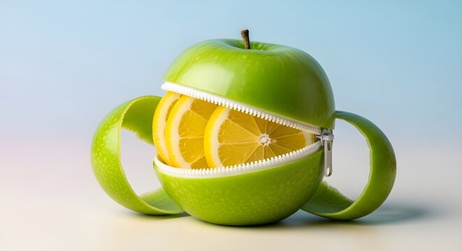 Fresa cremallera naranja surrealista fruta creativa estudio m&iacute;nimo concepto vibrante.
 Imagen de estudio surrealista de una fresa abierta para revelar segmentos de naranja en el interior, combinando c