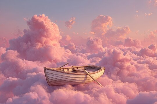 Small wooden boat drifts peacefully on a sea of soft, pink, dreamlike clouds