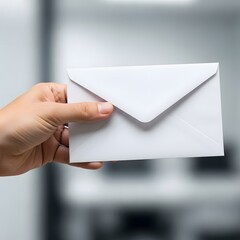 Fototapeta premium Hand Holding White Envelope in Office Setting