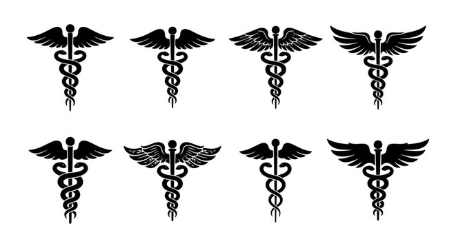 Caduceus medical symbol set, 8 black vector icons of Hermes staff with wings and snakes, healthcare and pharmacy emblems for professional branding
