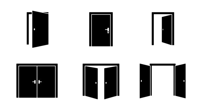 Minimalist door icons set, black silhouette doorway symbols in open and closed positions, architectural entrance vector elements for floor plans