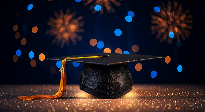 Black graduation cap with gold tassel on sparkling surface fireworks background mortarboard