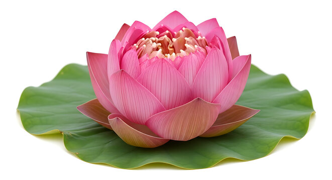 Beautiful vibrant pink lotus flower blossom with a green leaf, symbolizing purity and natural elegance on white