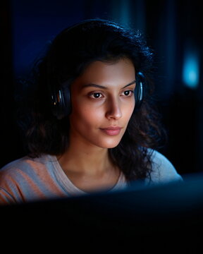 Focused young South Asian woman in headphones, intently looking at screen in a dimly lit setting
