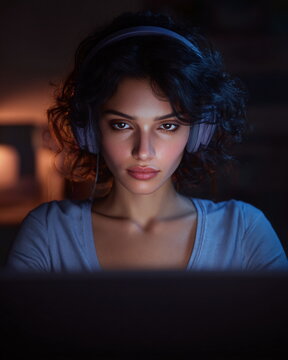 Focused young South Asian woman listening to music intently at night in a dimly lit study