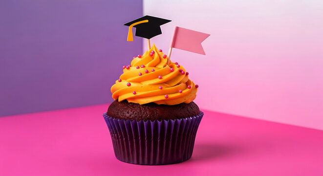 Chocolate cupcake with orange frosting graduation cap and pink flag