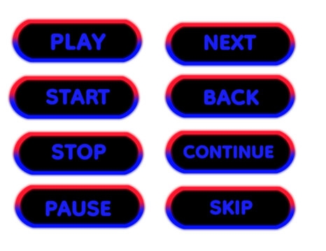 Vibrant Red and Blue Neon Glow 3D Media Control UI Button Set with Black Background, Bold Glossy Rounded Interface Elements for Play Next Start Back Stop Continue Pause Skip Controls