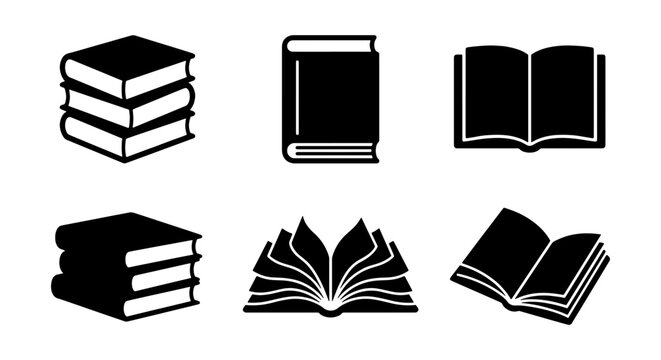 Minimalist book icon set with 6 black vector symbols, flat library and education graphics, open and stacked books for academic and literary design