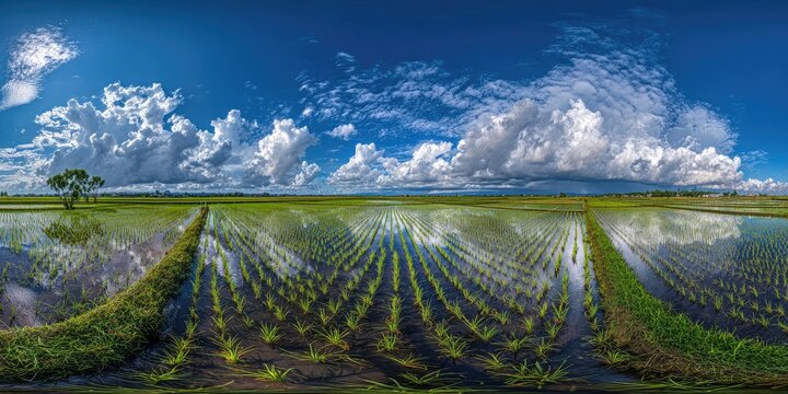 Vast green rice paddies reflect dramatic sky with fluffy white clouds
