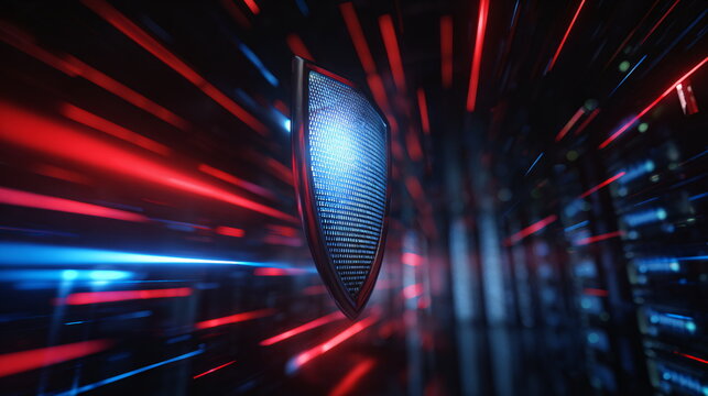 Digital shield hologram glowing in abstract data tunnel with red and blue light beams