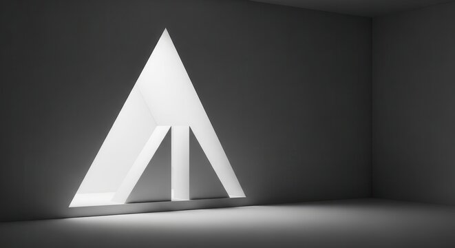 Glowing white triangle sculpture in dark room