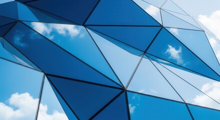 Fototapeta premium Geometric glass facade reflecting blue sky and clouds