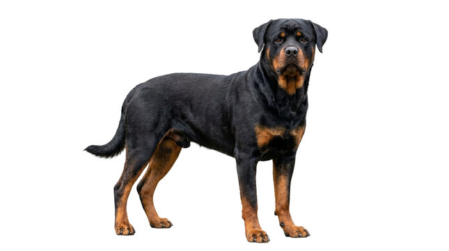 Powerful and alert rottweiler dog standing strong and looking directly at camera on transparent background