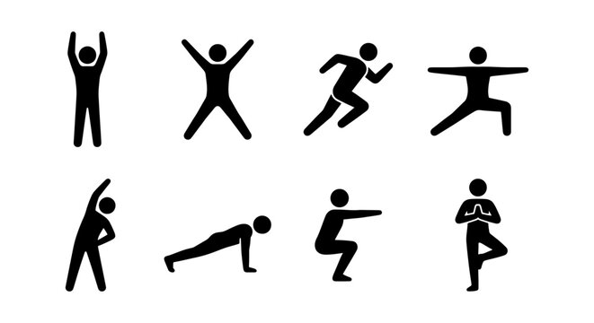 Fitness stick figure icons set, 8 workout exercise silhouettes, black human pictograms for gym training and yoga poses, vector sports graphics