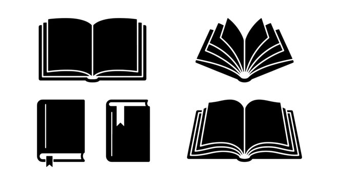 Minimalist book icon set with 4 vector elements, black open book silhouettes for education and reading, simple library and literature symbols