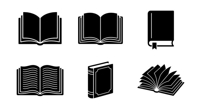 Minimalist book icon set with 6 black vector silhouettes, open and closed textbook symbols, library and education graphic elements for web design