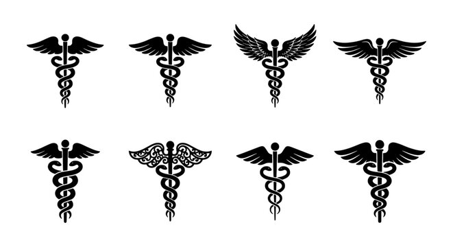 Medical caduceus symbol collection, 8 black vector icons with snakes and wings, healthcare and pharmacy emblems, professional medicine logos