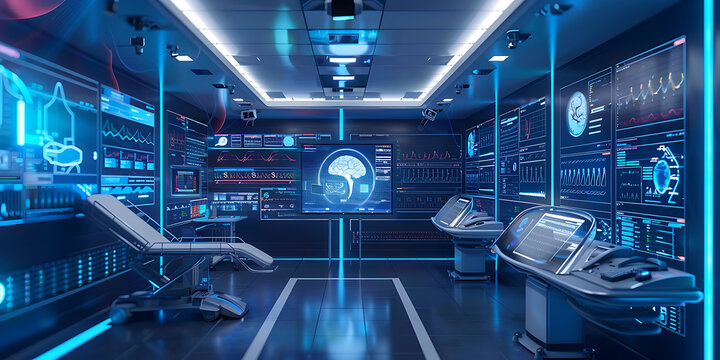Sci-Fi Control Room with Blue Neon Glow and Monitoring Systems