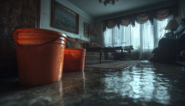 Living room with water damage on the floor and soaked furniture indicating flooding or leak impact