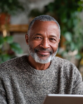 Smiling senior Black man in a cozy sweater looks directly at the camera with a friendly expression