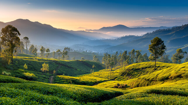 Panoramic sunrise view of rolling tea gardens and lush green hills in Nuwara Eliya, Sri Lanka, with misty mountains and soft morning sunlight.